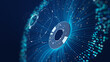 Artificial intelligence concept. Abstract futuristic digital technology eye in dark blue. Digital Biometric Security Screening of a Human Eye or Iris. 3d rendering