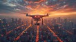 Drone Soaring Above Urban Landscape at Sunset