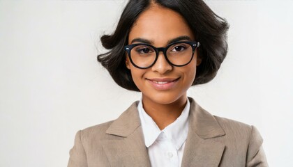 Portrait view of the confident beautiful woman teacher wearing glasses posing isolated over white background