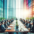 Blurred view of a modern corporate boardroom meeting with executives in discussion, emphasizing a busy corporate environment.