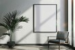 Blank empty picture frame mockup on white wall. Artwork in interior design. Modern boho style interior with poster template