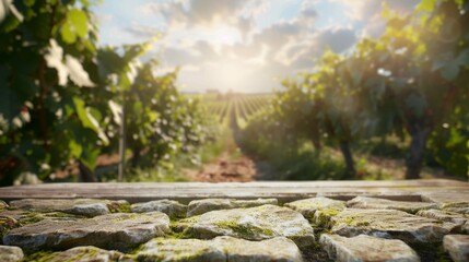 Stone table top with copy space. Vineyard background