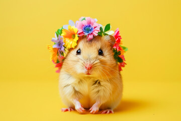 Adorable hamster wearing a flower crown sits against a bright yellow background, radiating cuteness and spring vibes