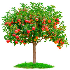 A apple tree isolated on a white or transparent background. A close-up of a apples tree with red apples. A graphic design element on the theme of nature and tree care.