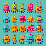 Fototapeta Dinusie - Set, Vibrant Flat Design: Playful Exaggerations of Colorfull Monsters, fruits and love