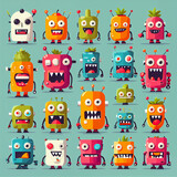 Fototapeta Dinusie - set, Vibrant Flat Design: Playful Exaggerations of Colorful Monsters
