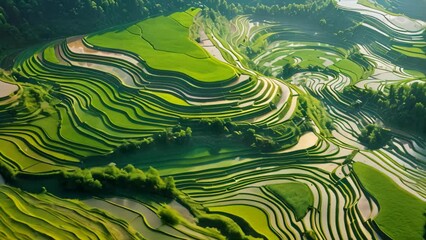 Sticker - Aerial view of green rice terraces in Mu Cang Chai, YenBai, Vietnam, AI Generated