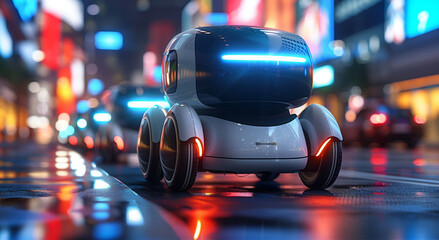 Aufkleber - Autonomous Robot Navigating a Wet Urban Street at Night
