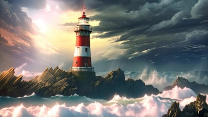 Wall Mural - Lighthouse on stormy seascape. 3D illustration, AI Generated