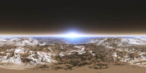 Wall Mural - hdri, round panorama, spherical panorama, sunrise over the planet, sunrise over the icy moon, 3d ren