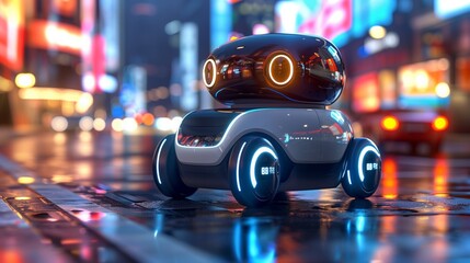 Aufkleber - Futuristic Autonomous Robot Exploring a Neon-Lit City Street at Night