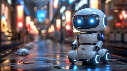 Aufkleber - Charming Robot Exploring a Neon-Lit Urban Scene at Dusk