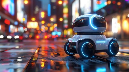 Aufkleber - Futuristic Robot Roaming City Streets at Dusk