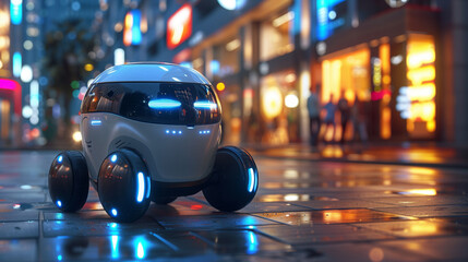 Aufkleber - Futuristic Autonomous Robot Patrolling a City Street at Night