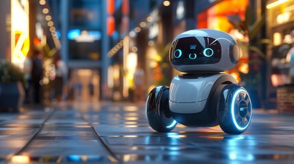 Aufkleber - Friendly Robot on a City Sidewalk at Dusk
