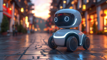 Aufkleber - Autonomous Robot Navigating a Cobblestone Street at Dusk
