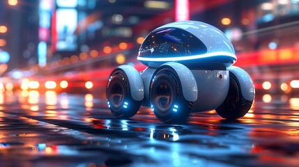 Aufkleber - Futuristic Autonomous Vehicle on Wet Urban Street at Night
