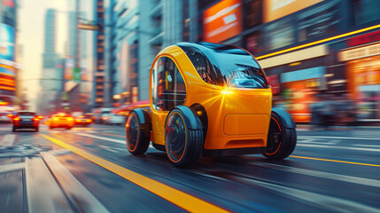 Aufkleber - Futuristic Autonomous Vehicle Navigating Bustling City Street at Dusk