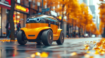 Aufkleber - Autonomous Delivery Robot Navigating a Wet Urban Sidewalk in Autumn