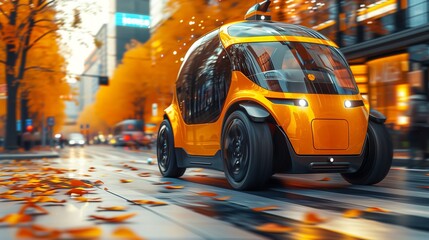 Aufkleber - Autonomous Electric Vehicle Cruising Down an Urban Street in Autumn