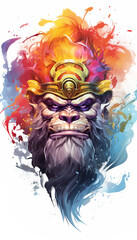 Wall Mural - illlustration monkey king face , with crown gold , rainbow splash smoke   Generate AI