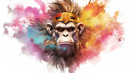 Wall Mural - illlustration monkey king face , with crown gold , rainbow splash smoke   Generate AI