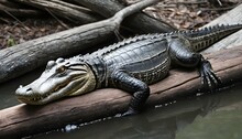 An Alligator Resting On A Log Blending Into Its S  2