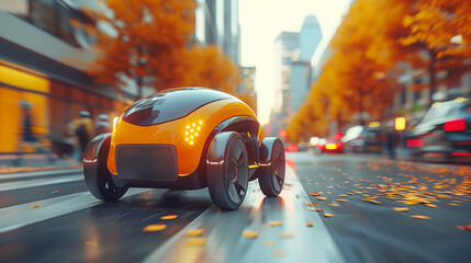 Aufkleber - Futuristic Autonomous Vehicle Cruising Through an Urban Street in Autumn