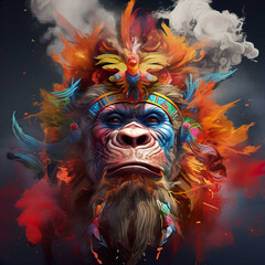 Wall Mural - illlustration monkey king face , with crown gold , rainbow splash smoke   Generate AI