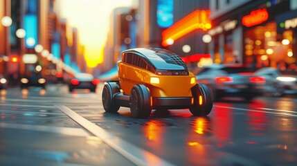 Aufkleber - Autonomous Vehicle Navigating Through Neon-lit City at Dusk