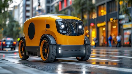 Aufkleber - Autonomous Delivery Robot Navigating a Wet Urban Street at Twilight