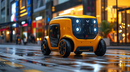 Aufkleber - Autonomous Delivery Robot Navigates Wet Urban Street at Dusk