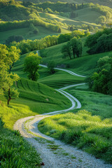 Canvas Print - Scenic Gravel Road Countryside View, road adventure, path to discovery, holliday trip, Aerial view