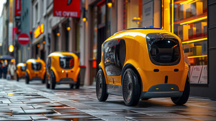 Aufkleber - Autonomous Delivery Robots Navigating a Wet City Street at Dusk