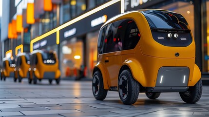 Aufkleber - Autonomous Delivery Robots Navigating a City Street at Dusk