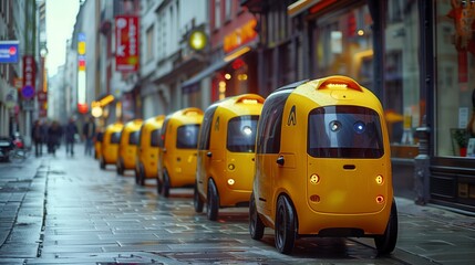 Aufkleber - Autonomous Pods Navigate Rainy European Street at Dusk