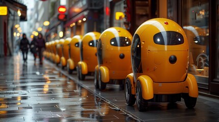 Aufkleber - Line of Autonomous Delivery Robots on a Rainy City Street