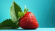 Strawberry with leaves on a blue background.