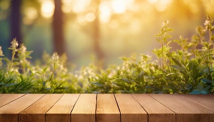 Poster - blank empty wooden table for products with green summer spring plants blurred background