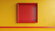 A classic cherry red frame mockup positioned on a solid mustard yellow wall, offering a vibrant and energetic atmosphere, free of additional decor.
