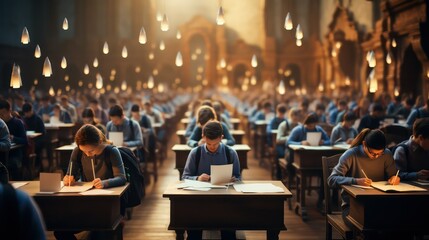 Group of students studying in a lecture hall. Students sitting in a lecture hall.