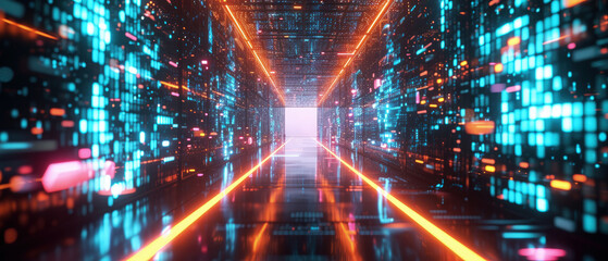 Wall Mural - Digital tunnel in cyber space, abstract tech data texture background. Perspective view of futuristic virtual corridor in neon lights. Concept of technology, future, network