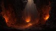 Dramatic and Atmospheric Campfire Lit Cave Entrance Enveloped in Shadows and Smoke