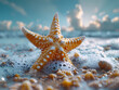 Close-up image of a vibrant starfish caught in glistening sea foam amidst seashells