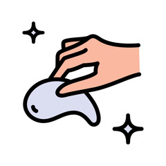 Eye gel patches in hand color icon. Simple logo for cosmetics. Simple illustration of eye mask. Trend care products. Flat isolated vector sign on white background.