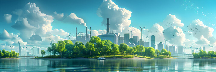 Illustration advocating for green solutions and CO2 reduction to combat climate change.