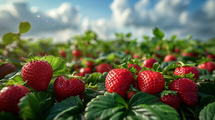 Wall Mural - A field of red strawberries with green leaves. AI.