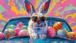 Colorful Pop Art Easter Bunny Riding in Vibrant Egg Filled Car with Sunglasses Amid Surreal Sunset Panorama