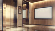 Realistic elevator with close doors and ad poster screen on wall, perspective view mockup. office or modern hotel hallway, empty lobby interior with lift and blank display