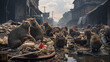 Dirty city streets, lots of rats eating leftover food, piles of rubbish, small and large rats , Generate AI